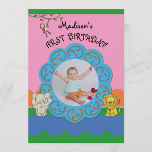 Zoo Funnies Girl First Birthday Photo Invitation