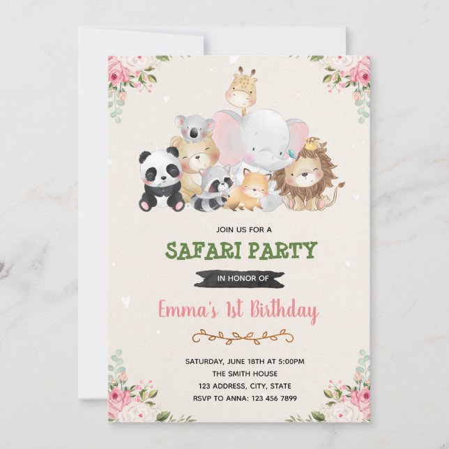 Zoo girl animals birthday invitation (Front)