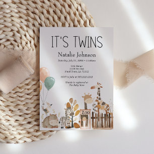 Zoo Nursery Animals Twins Baby Shower Invitation