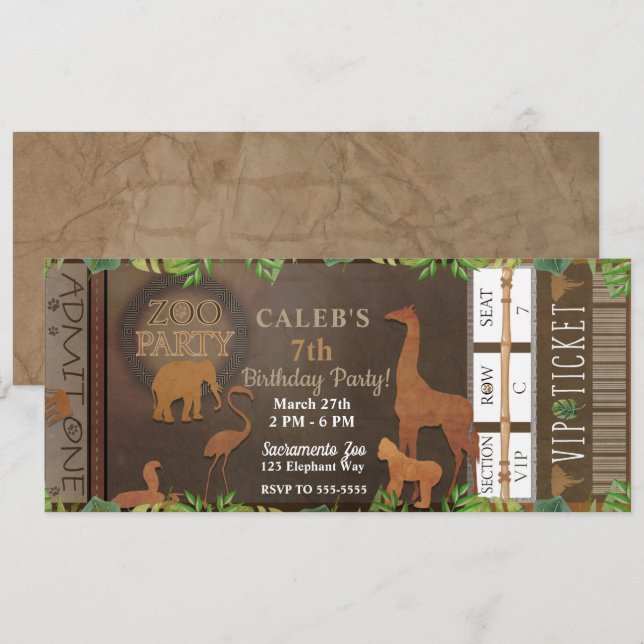 ZOO PARTY Brown Animals Birthday Party Ticket Invitation (Front/Back)