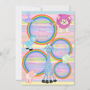 ZOO RAINBOW PARTY INVITATION PINK stripe