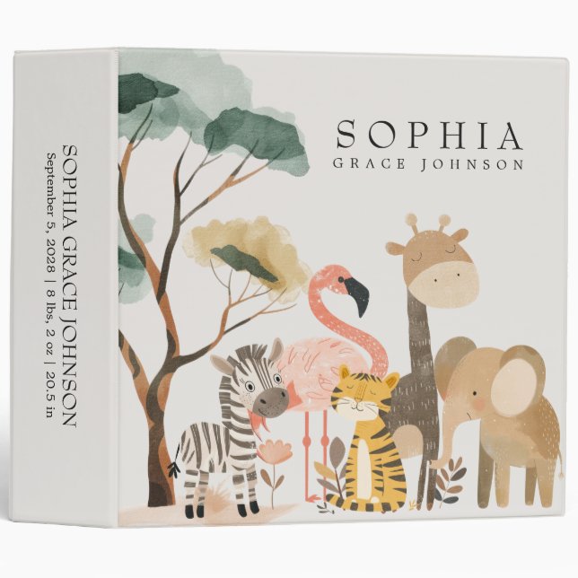 Zoo Safari Nursery Animals Baby Photo Album 3 Ring Binder (Front/Spine)