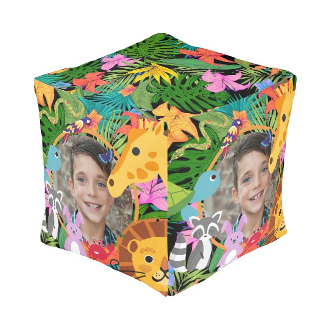 Zoo Wild Animal Jungle Safari Kids Birthday  Pouf (Angled Back)