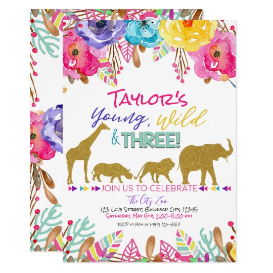 zoo young wild three girls safari 3rd birthday invitation 3rd bday invitation