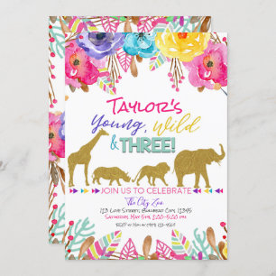 Zoo Young Wild & Three Girls Safari 3rd Birthday Invitation