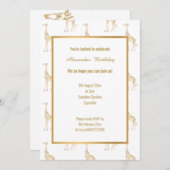 ZOOM THEMED GOLD GIRAFFE BIRTHDAY INVITATION (Front/Back)