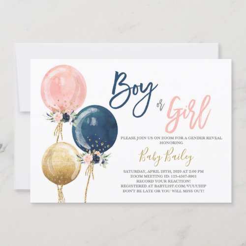 Zoom virtual Gender reveal party Invitation
