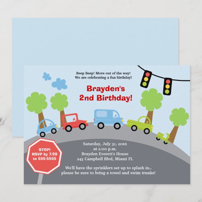 Zoom Zoom Cars Custom Birthday Invitation (Front/Back)
