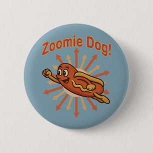 Zoomie Dog Flying Hot Dog Cartoon – Fun Retro Button