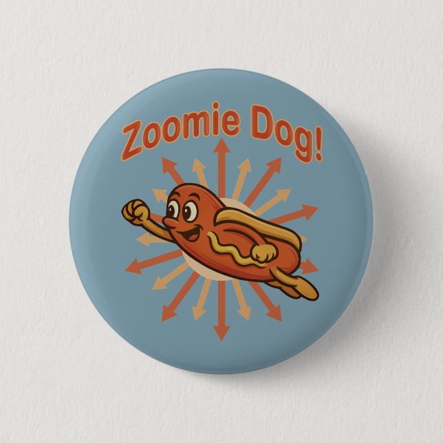 Zoomie Dog Flying Hot Dog Cartoon – Fun Retro Button (Front)
