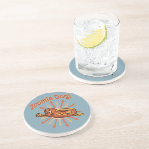 Zoomie Dog Flying Hot Dog Cartoon – Fun Retro Coaster