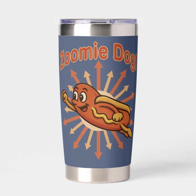 Zoomie Dog Flying Hot Dog Cartoon – Fun Retro Insulated Tumbler (Front)