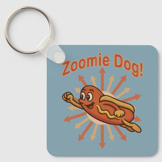 Zoomie Dog Flying Hot Dog Cartoon – Fun Retro Keychain (Front)