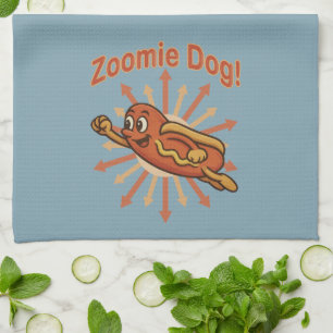 Zoomie Dog Flying Hot Dog Cartoon – Fun Retro Kitchen Towel