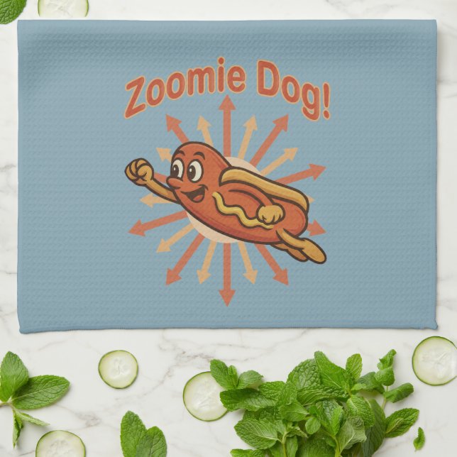Zoomie Dog Flying Hot Dog Cartoon – Fun Retro Kitchen Towel (Folded)
