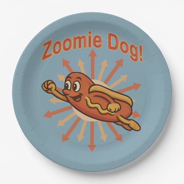 Zoomie Dog Flying Hot Dog Cartoon – Fun Retro Paper Plates (Front)