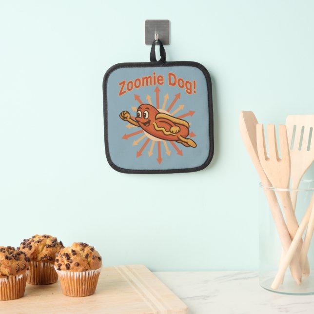Zoomie Dog Flying Hot Dog Cartoon – Fun Retro Pot Holder (Insitu(Hanging))
