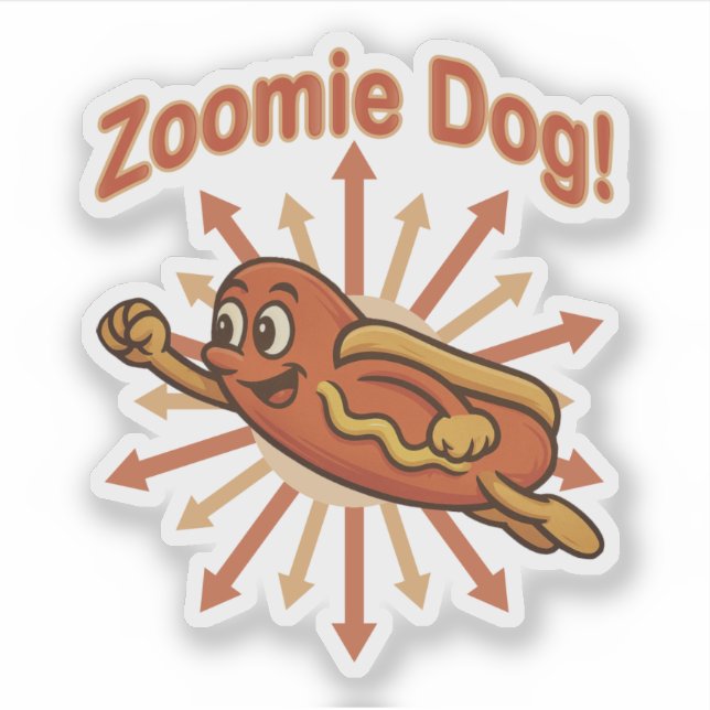 Zoomie Dog Flying Hot Dog Cartoon – Fun Retro Sticker (Front)