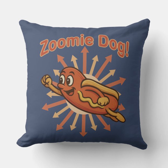 Zoomie Dog Flying Hot Dog Cartoon – Fun Retro Throw Pillow (Front)
