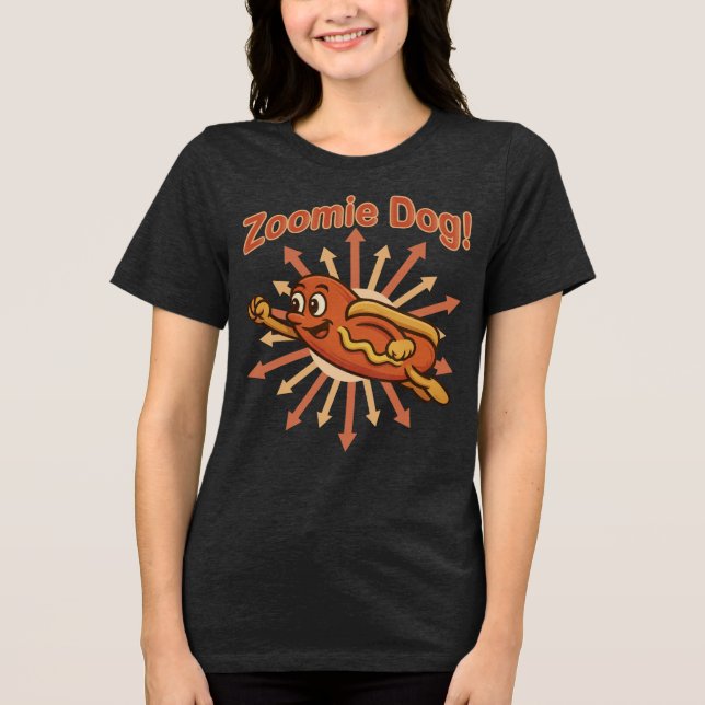 Zoomie Dog Flying Hot Dog Cartoon – Fun Retro Tri-Blend Shirt (Front)