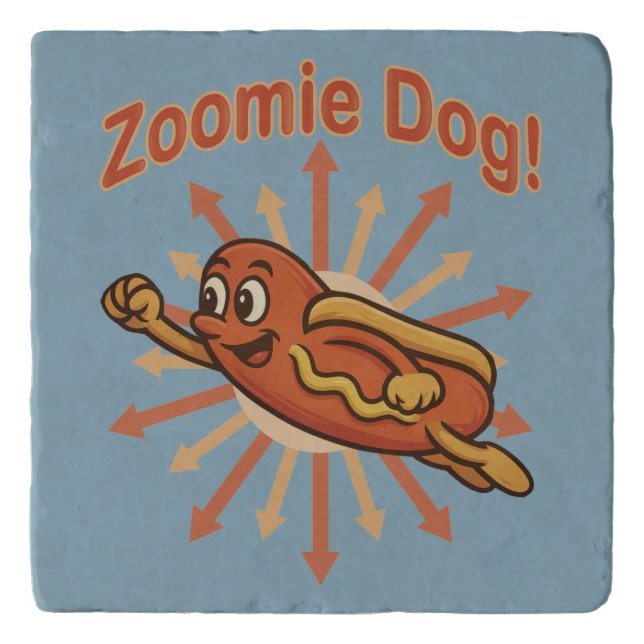 Zoomie Dog Flying Hot Dog Cartoon – Fun Retro Trivet (Front)