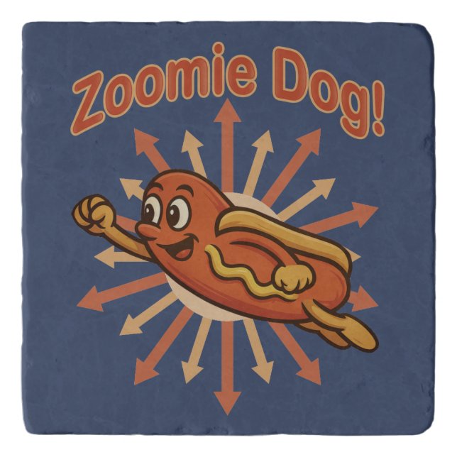 Zoomie Dog Flying Hot Dog Cartoon – Fun Retro Trivet (Front)