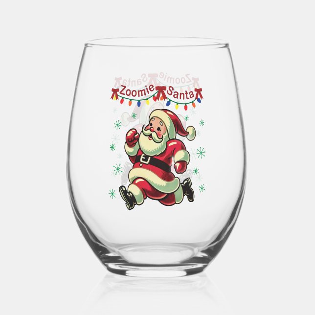 Zoomie Santa Christmas Stemless Wine Glass (Front)