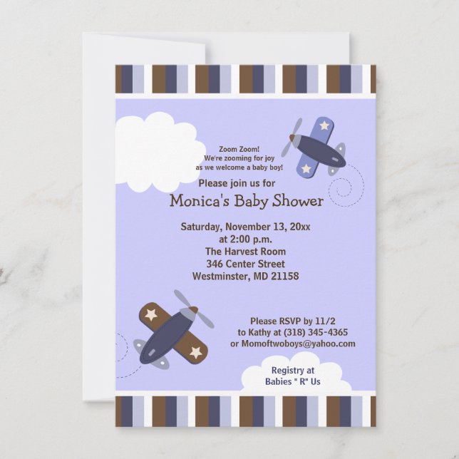 Zooming Airplane Invitation Brown and Navy (Front)