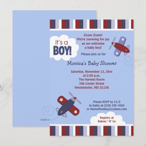 Zooming Airplane Invitation Red and Navy