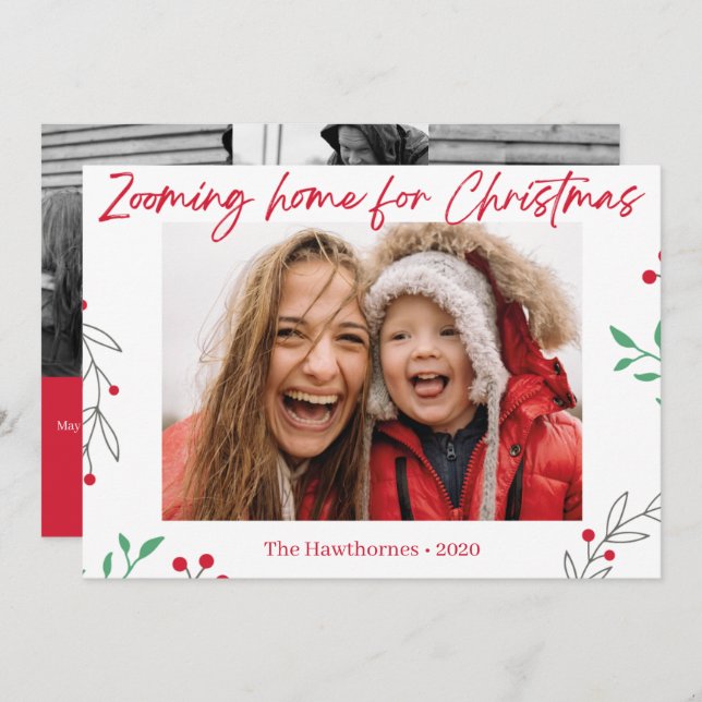 "Zooming Home" fun custom Christmas Photo Holiday Card (Front/Back)