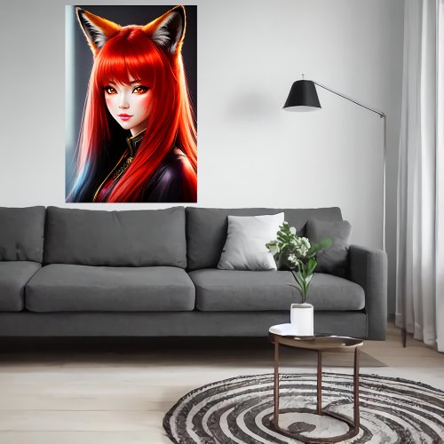 Zoomorphic young lady red hair fox ear  AI Art Poster