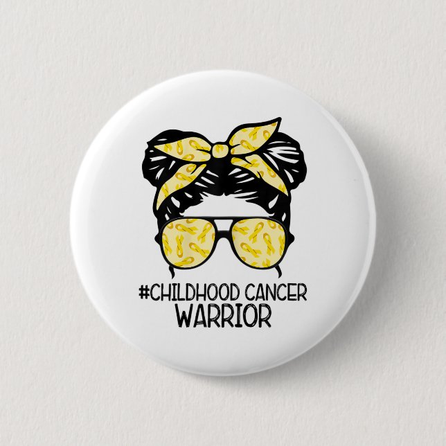 Zqxj Messy Bun Yellow Ribbon Childhood Cancer Warr Button (Front)
