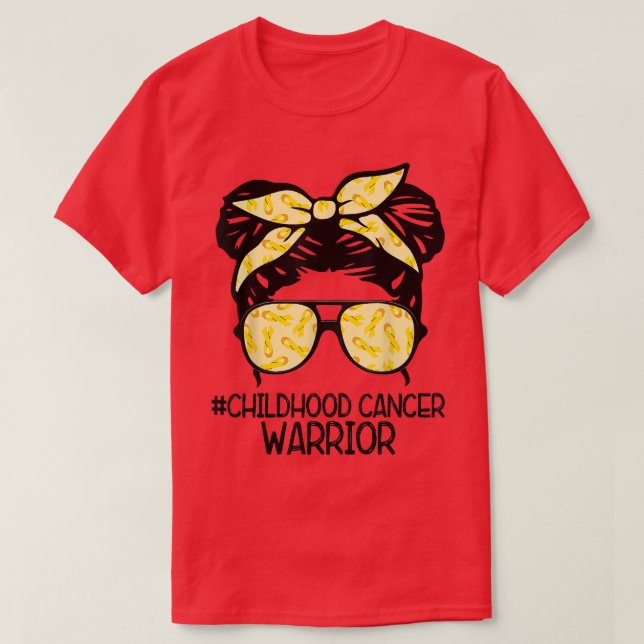 ZqxJ Messy Bun Yellow Ribbon Childhood Cancer Warr T-Shirt (Design Front)