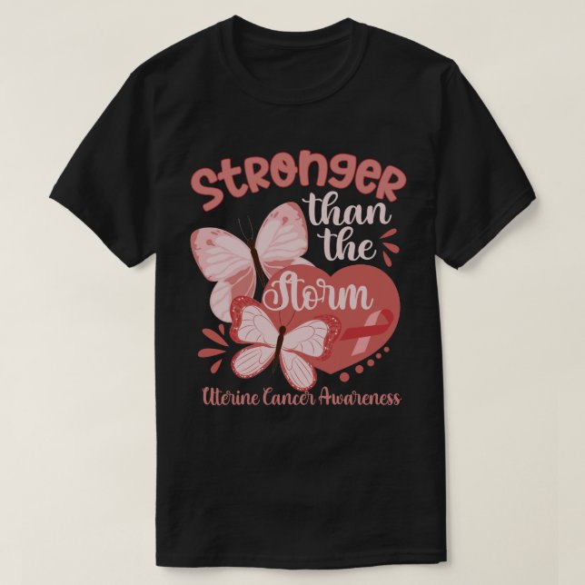 ZqxP Butterfly Peach Ribbon Uterine Cancer Awarene T-Shirt (Design Front)