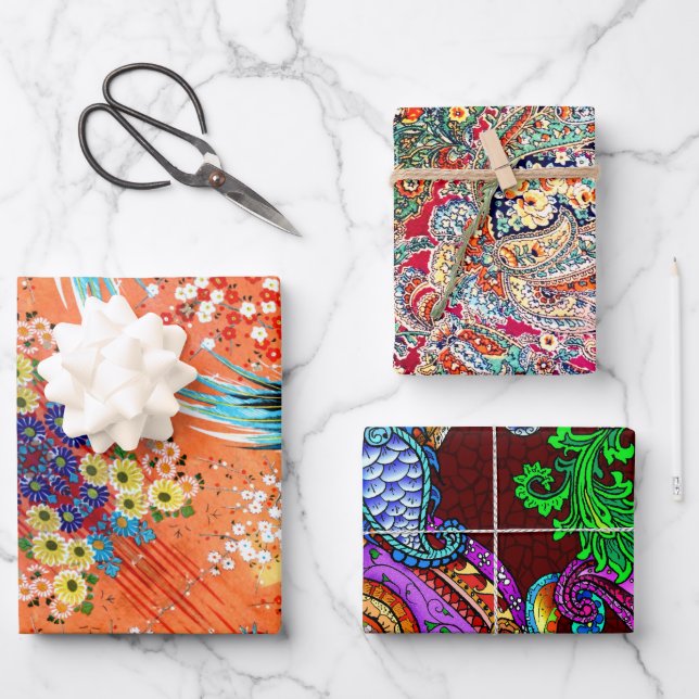 Zsa Zsa Paisley, Mah Jongg and Melange Wrapping Paper Sheets (Front)