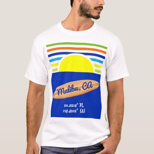 Zuma Beach Malibu Ca Summer Stripes Surfboard T_Shirt