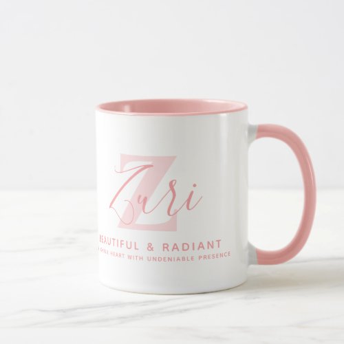 Zuri name meaning and monogram soft pink text mug