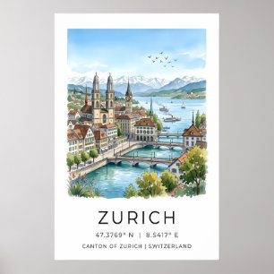 Zurich Cityscape Print Swiss Travel Illustration