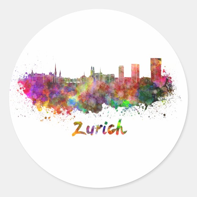 Zurich skyline in watercolor classic round sticker (Front)