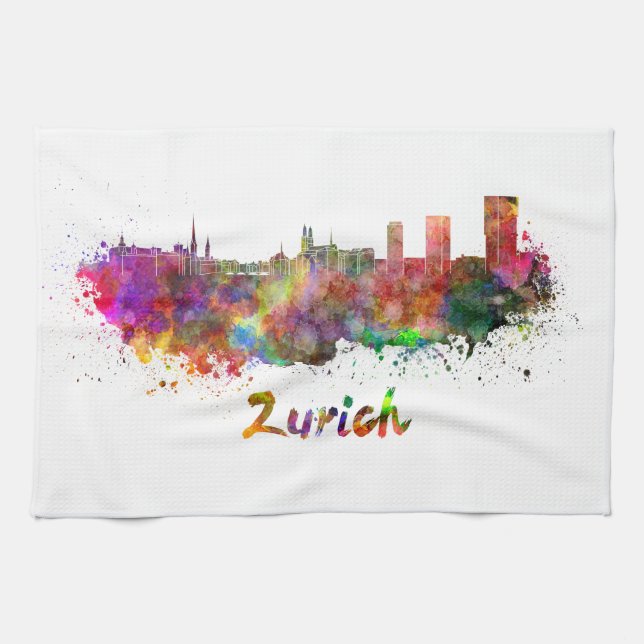 Zurich skyline in watercolor kitchen towel (Horizontal)