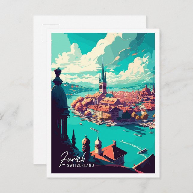 Zurich Switzerland Art vintage travel illustration Postcard (Front/Back)