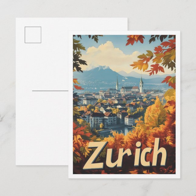 Zurich Switzerland Art Vintage Travel Illustration Postcard (Front/Back)