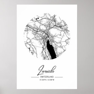 Zurich - Switzerland Black Water City Map Poster