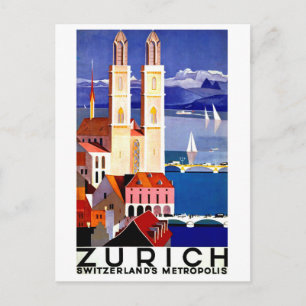 Zurich, Switzerland city, church, vintage travel Postcard