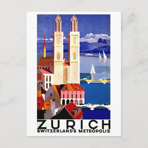 Zurich Switzerland city church vintage travel Postcard