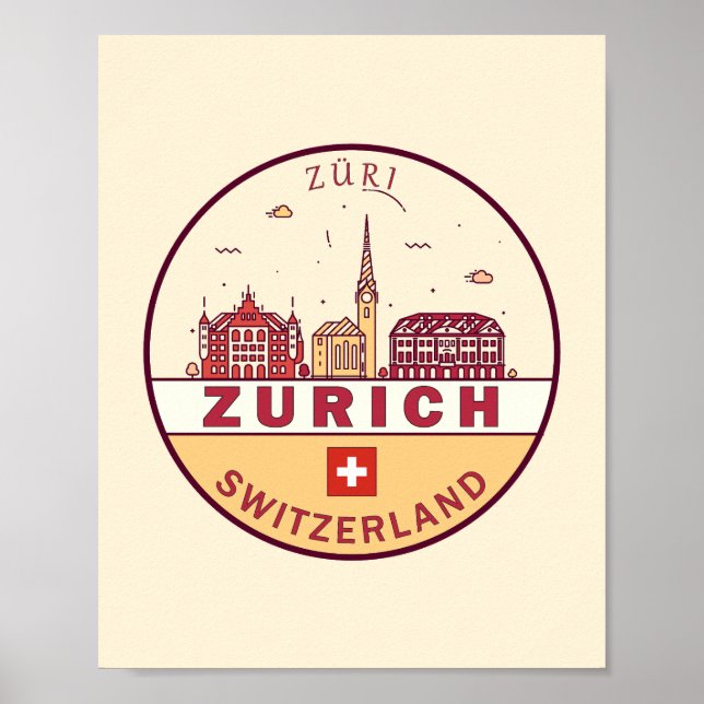 Zurich Switzerland City Skyline Emblem Poster (Front)