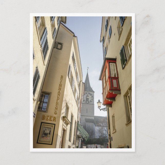 Zurich Switzerland Clock Tower & Beer Sign Postcard (Front)