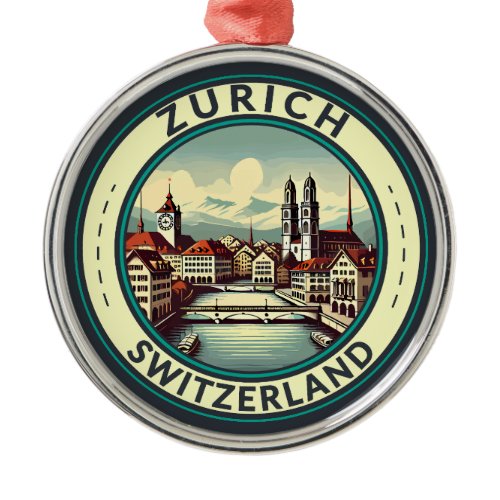 Zurich Switzerland Illustration Travel Art Badge Metal Ornament