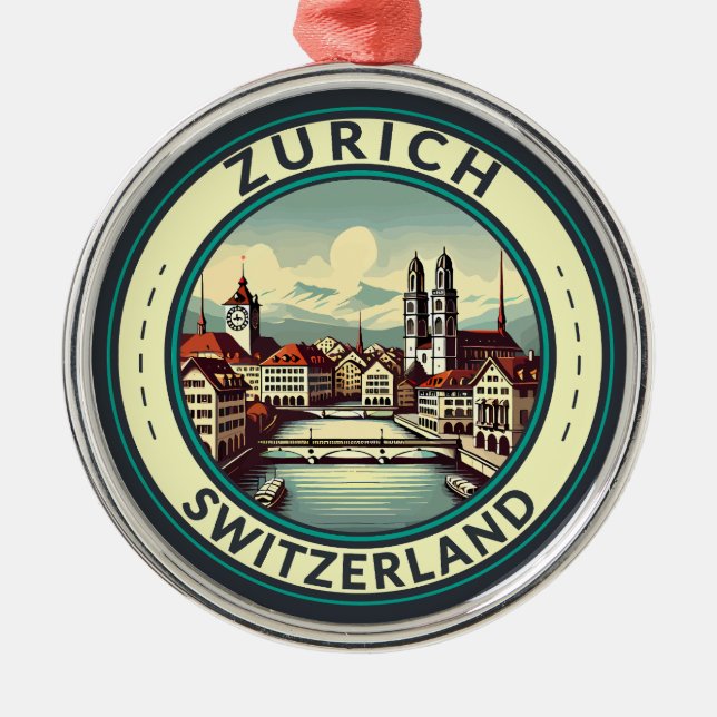 Zurich Switzerland Illustration Travel Art Badge Metal Ornament (Front)