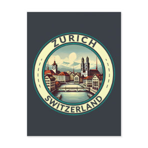 Zurich Switzerland Illustration Travel Art Badge Postcard